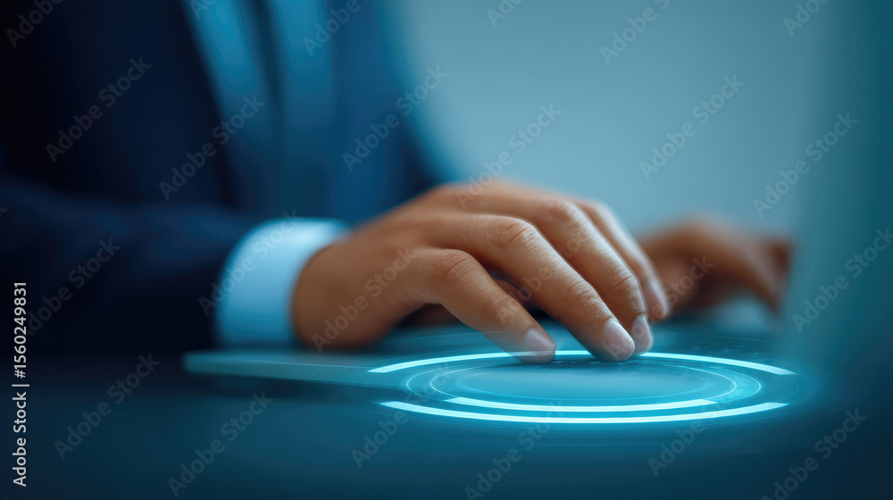 Poster digital interaction in professional settings close-up of hands typing on a futuristic touchpad moder