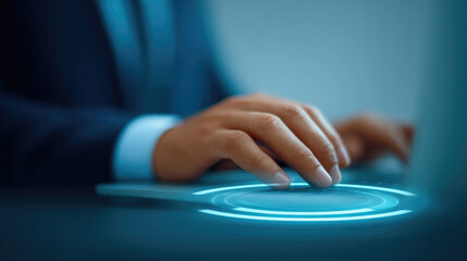 Digital interaction in professional settings close-up of hands typing on a futuristic touchpad modern office environment technology focused perspective