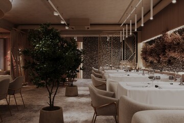 Cozy upscale restaurant interior with elegant table setup