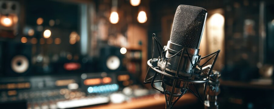 Vintage studio microphone in a modern recording atmosphere with warm lighting and sound equipment creating a creative music production space
