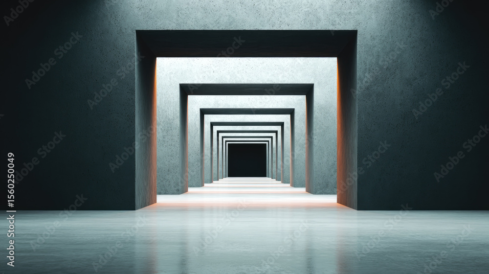 Poster exploring infinite perspectives architectural passageways in modern design indoor environment abstra