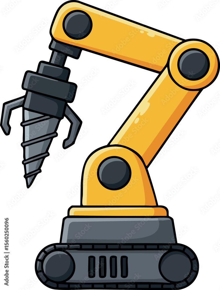 Poster industrial robotic arm with drill attachment for automated construction and manufacturing processes 