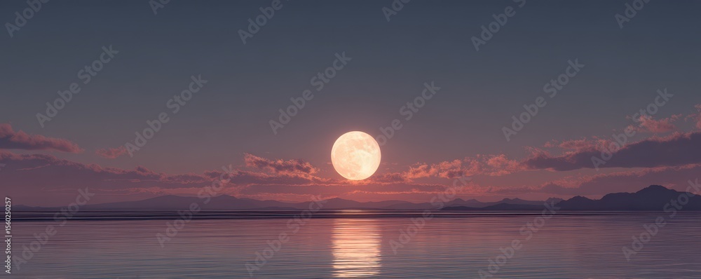 Poster serene and tranquil moonrise over calm water with soft reflection and gentle clouds at dusk in a pea