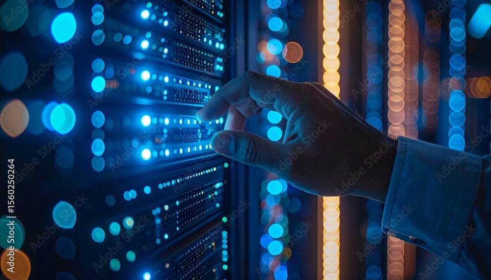 Aufkleber close up on hand, managing the server room that glows with data transfer. the scene is enveloped in 