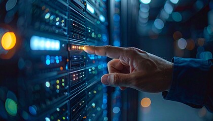 Close-up of a hand interacting with a server rack, highlighting the intricate details and technological advancements