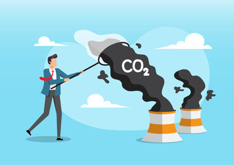 A businessman capturing or collecting black smoke with CO₂ text