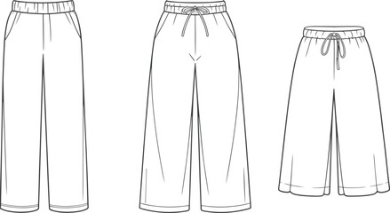 CAD drawing flat vector illustration of wide leg pants with elastic waistband drawstring pockets front view technical fashion sketch