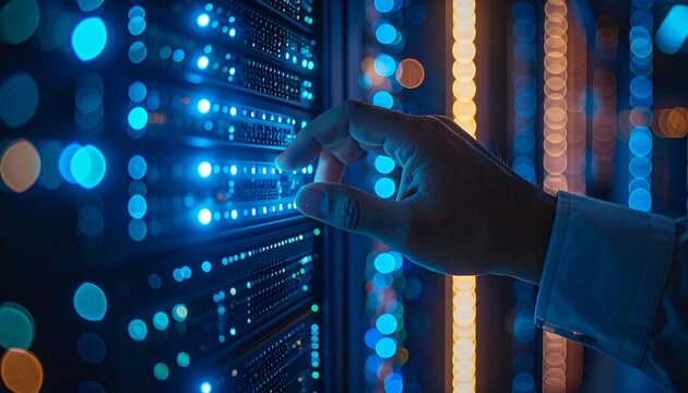 Close up on hand, managing the server room that glows with data transfer. The scene is enveloped in an aura of technology - Powered by Adobe