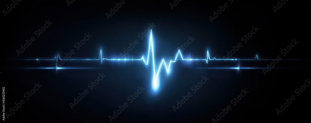 Poster blue pulse waveform on black background representing sound frequency and heartbeat dynamics in an ab