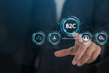 B2C, Business to consumer concept, digital marketing to customer, direct selling strategy for consumer target in retail industry, growth insight for e-commerce, online platforms and content marketing