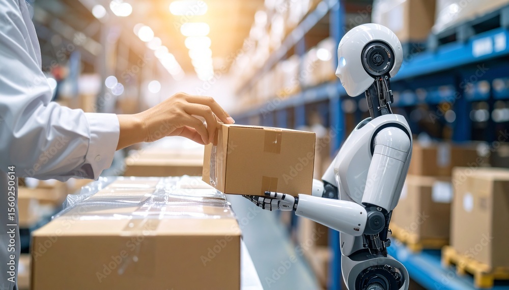 Poster a robot handing over a box to a person in a modern warehouse. the scene showcases automation in logi
