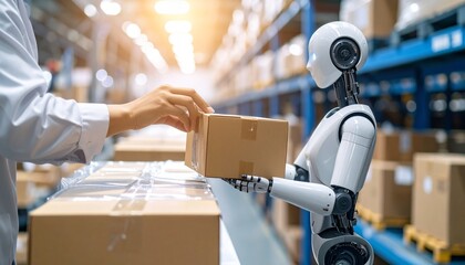 A robot handing over a box to a person in a modern warehouse. The scene showcases automation in logistics and technology in action.