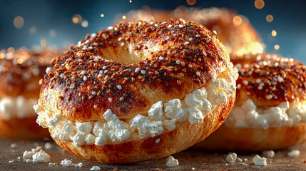 Freshly baked pretzel-style bagel filled with cream cheese and sprinkled with coarse salt and sesame seeds, with falling sugar crystals