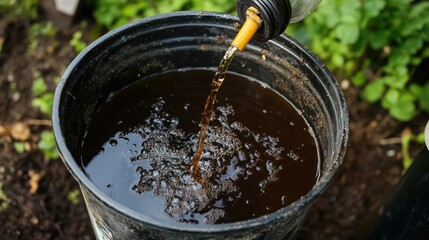 Brewing compost tea in 5-gallon bucket with air pump bubbling, dark liquid being strained into watering can 