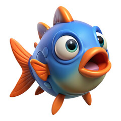 Cartoon fish illustration with blue body orange fins and open mouth showing pink inside a whimsical rendered style isolated on a transparent background