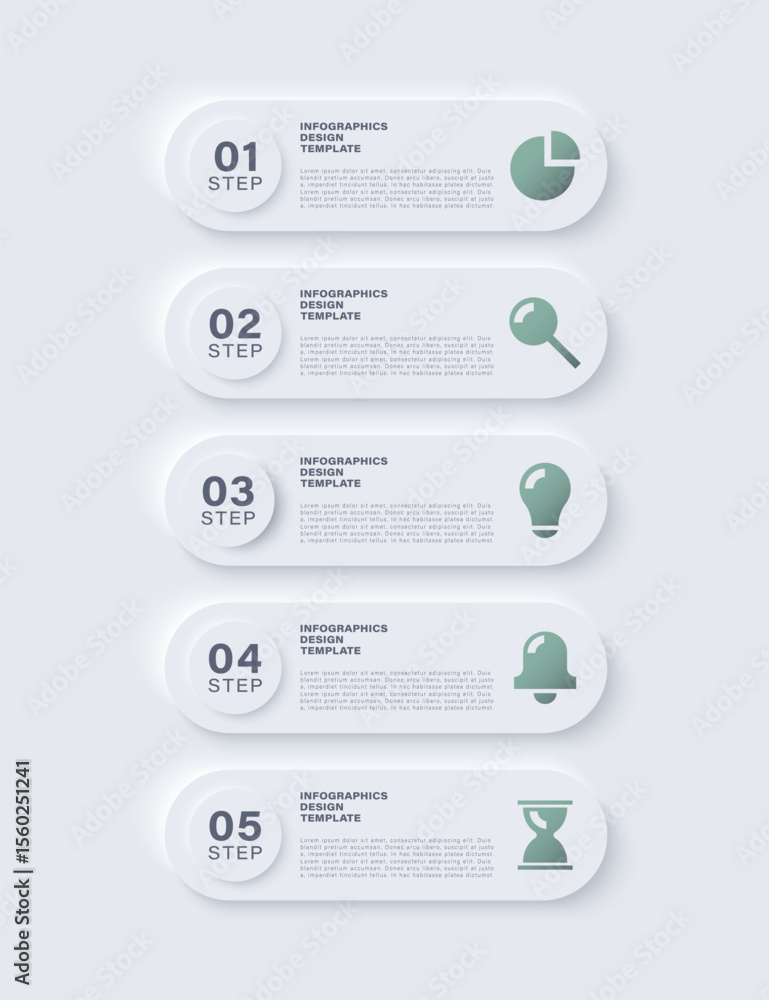 Poster neumorphism vertical infographic design template with five steps or options. clean infographic layou