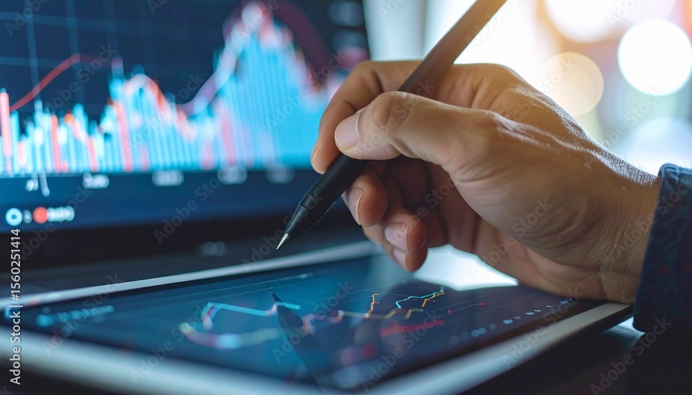 Poster a hand using a pen on a tablet and examining the financial graphs on a laptop screen. the charts dep
