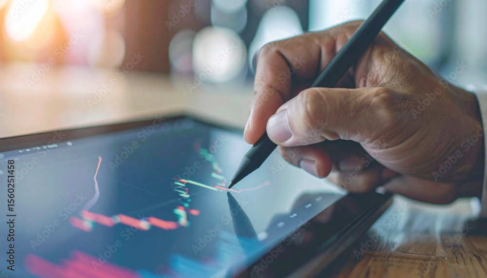 Poster hands of a person uses a digital pen and tablet with financial data analysis. the person appear to b