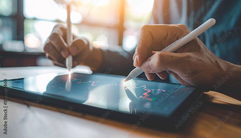 Aufkleber person using a stylus on a tablet, analyzing data or drawing. close-up view of hands and tablet scre