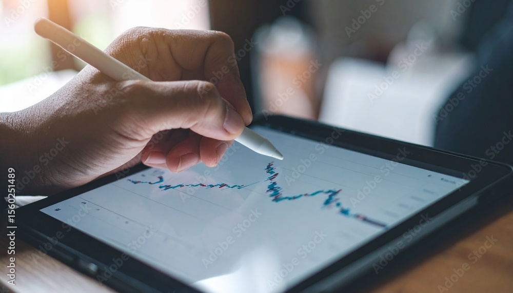 Poster close-up of a hand using a stylus to interact with a tablet displaying a stock market graph. the ima