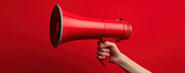 Bright Red Megaphone Held Strongly Against Vivid Red Background Emphasizing Communication, Announcement, and Public Speaking Concepts