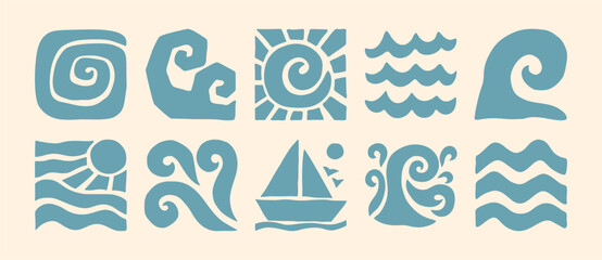 Boho Sea Waves Icons in Naive Art Style. Vector Abstract Square Tropical Illustrations in Freehand for Logo, Patterns, T-Shirt Print, Stickers, Social Media Post and Stories