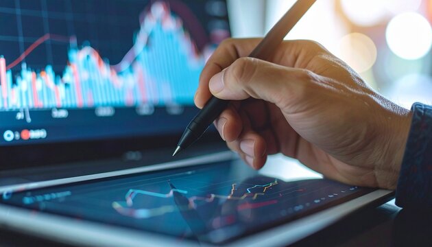 A hand using a pen on a tablet and examining the financial graphs on a laptop screen. The charts depict the real-time trading activities and business profits