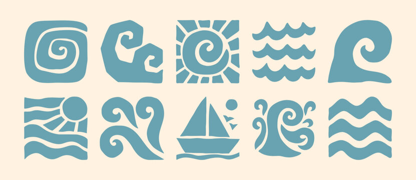 Boho Sea Waves Icons in Naive Art Style. Vector Abstract Square Tropical Illustrations in Freehand for Logo, Patterns, T-Shirt Print, Stickers, Social Media Post and Stories