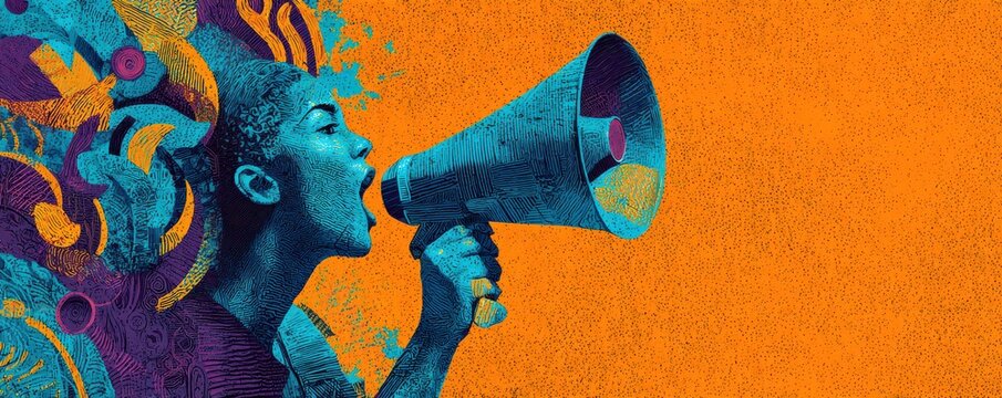 Vibrant expression of individuality through dynamic colors and bold imagery featuring a woman using a megaphone to communicate her powerful message in an artistic style