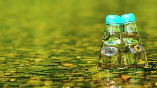Two glass bottles of ramune soda in a cool river, Beverage or drink, Nobody