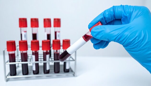 A gloved hand holding a blood sample vial in a laboratory setting with a rack of test tubes 