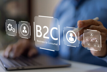 B2C, Business to consumer concept, digital marketing to customer, direct selling strategy for consumer target in retail industry, growth insight for e-commerce, online platforms and content marketing
