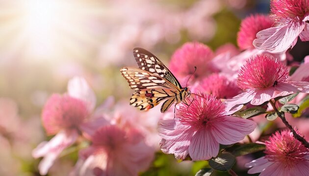 whimsical butterflies in blooming garden with pink flowers
