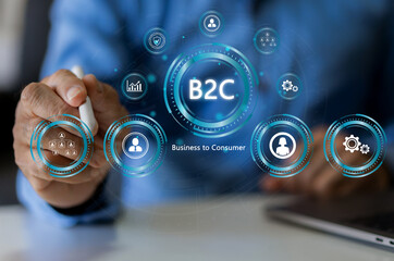 B2C, Business to consumer concept, digital marketing to customer, direct selling strategy for consumer target in retail industry, growth insight for e-commerce, online platforms and content marketing