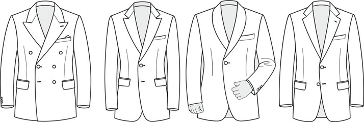 Men’s blazer jacket top view CAD flat sketch vector fashion technical drawing template for apparel design and stock illustration