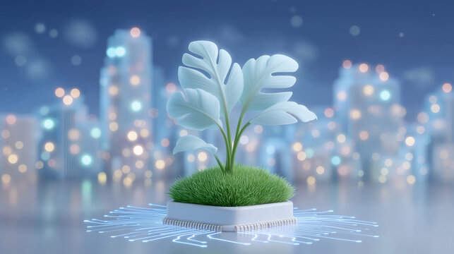 Illustration shows circuit board merging with growing plant featuring soft backlight in pastel earth tones. Concept of eco-friendly technology, clean tech businesses, green innovation