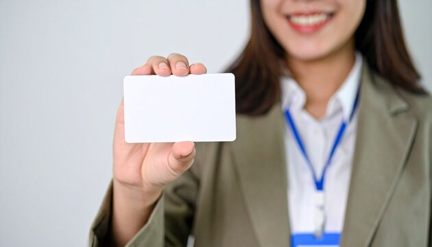 Smiling businesswoman holding blank business card