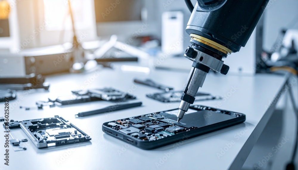 Poster automated precision: a robot arm meticulously working on a disassembled phone on a workbench