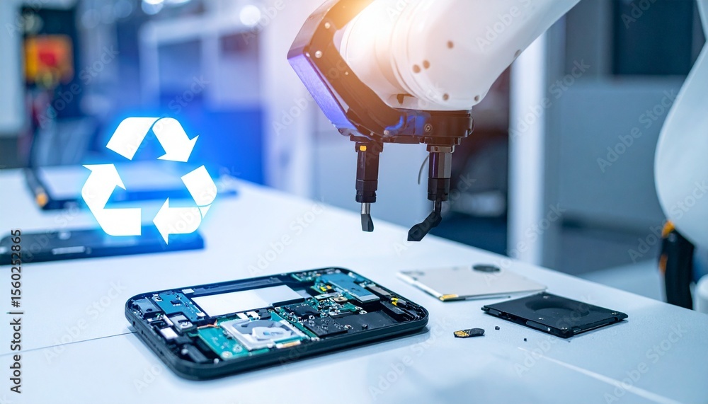Poster a robotic arm disassembling a mobile phone with a recycling symbol overlay