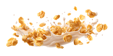 Cornflakes falling through the air with milk splashes isolated on a transparent background