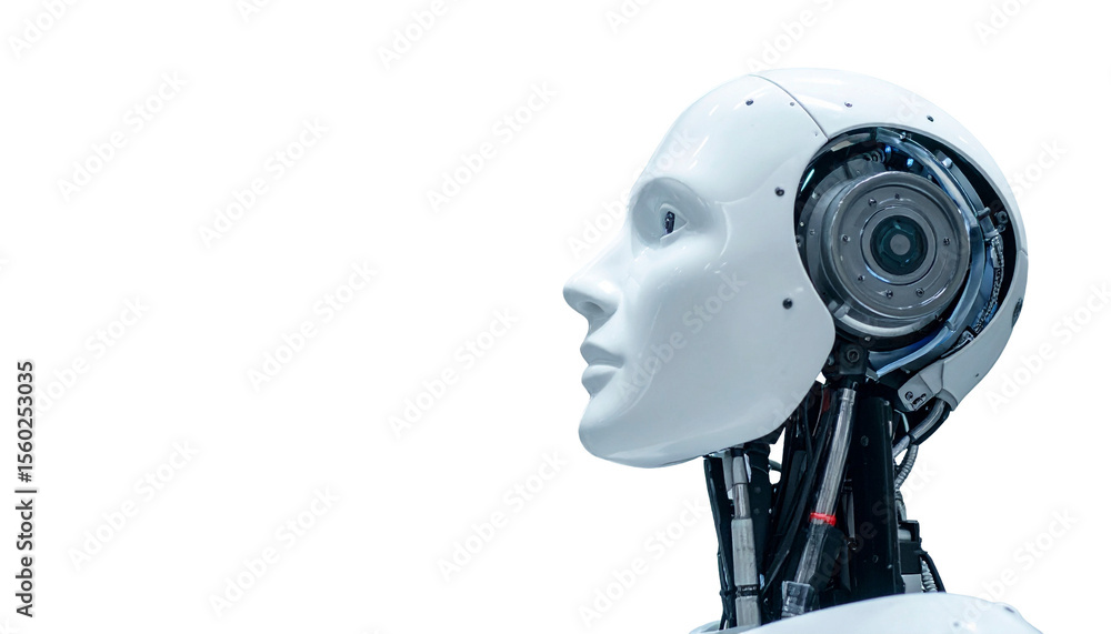 Poster a close-up of a futuristic robot head, its smooth design contrasted by the complex inner workings, s