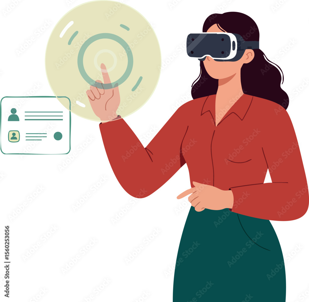 Poster woman using virtual reality headset interacting with digital interface technology in modern vector d