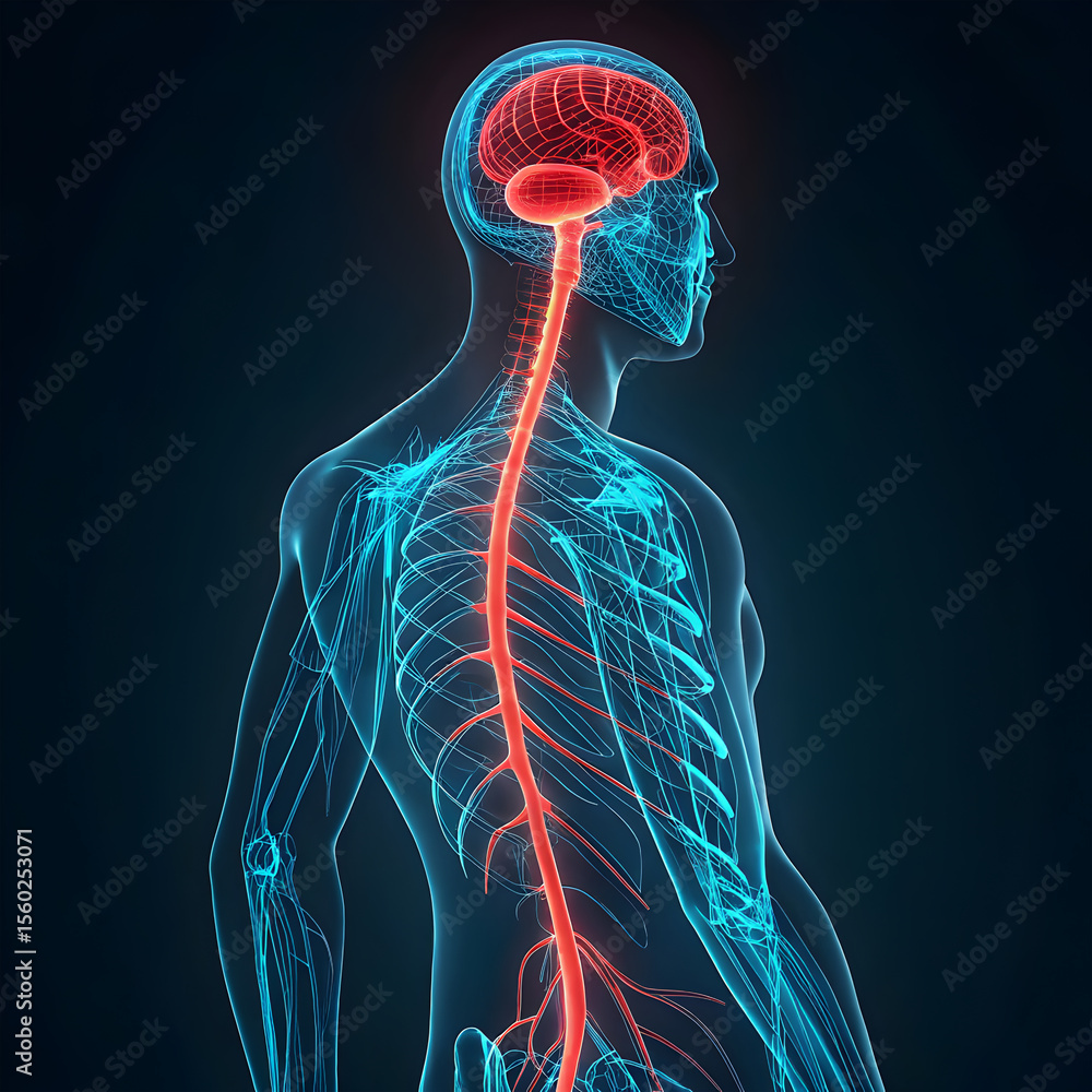 Poster digital sci-fi style illustration of a human nervous system, featuring glowing neural pathways and a