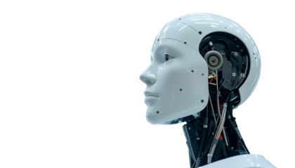 A close-up side profile of a sleek, modern robot head, highlighting its futuristic design and technological components. The robot exudes an aura of advanced intelligence and innovation