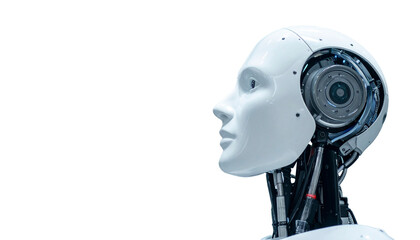 A close-up of a futuristic robot head, its smooth design contrasted by the complex inner workings, set against a clean background. The robot appears to be looking to the right, as if contemplating