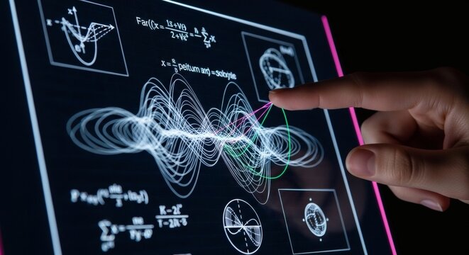 Human Hand Interacting with Futuristic Digital Screen Displaying Complex Mathematical Equations and Scientific Data Visualization - Powered by Adobe