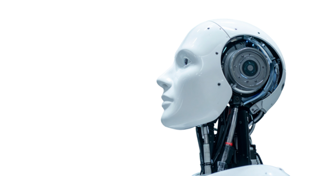 A close-up of a futuristic robot head, its smooth design contrasted by the complex inner workings, set against a clean background. The robot appears to be looking to the right, as if contemplating