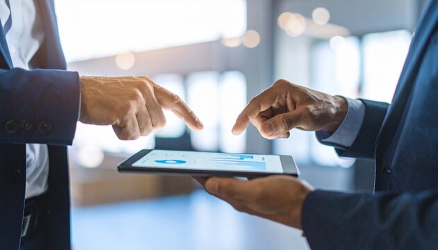 Two businesspeople collaborating on a digital tablet, reviewing data or graphs together. Focus is on their hands interacting with the screen