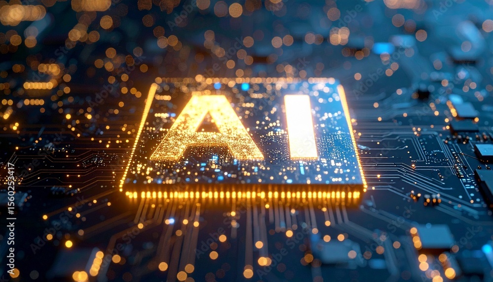 Poster ai chip close-up on a computer motherboard, digital data concept. the letters 