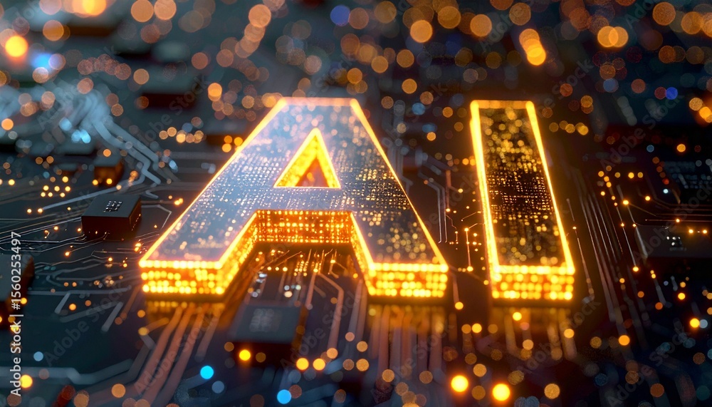 Poster ai letters glowing on a circuit board, representing artificial intelligence. the image showcases tec